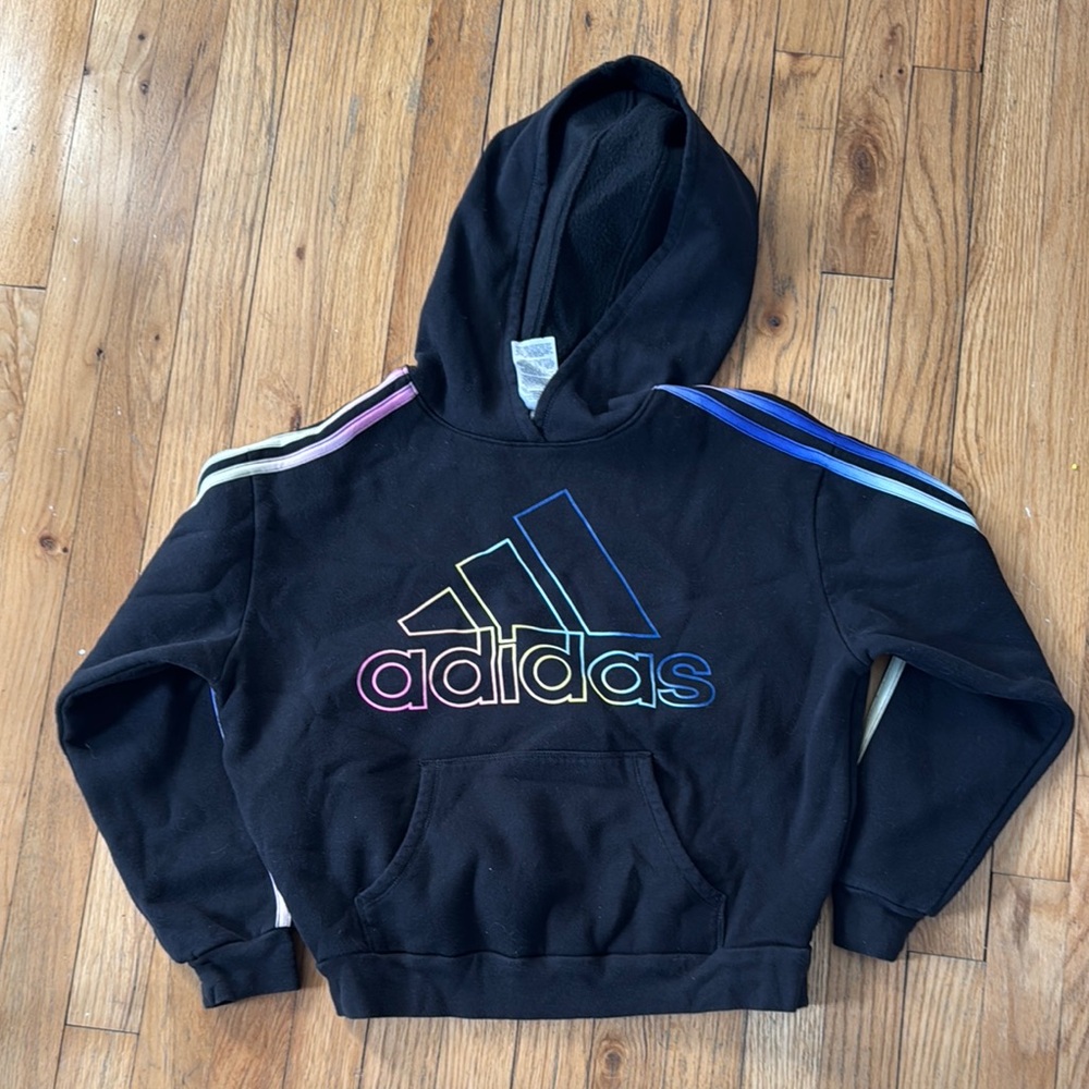Adidas girls black rainbow three stripe hoodie size large 14